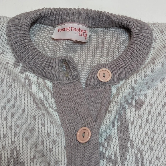 Vintage Young Fashion Club Knit Button Down Cardigan Pink Cream Grey Sweater L - Picture 5 of 9